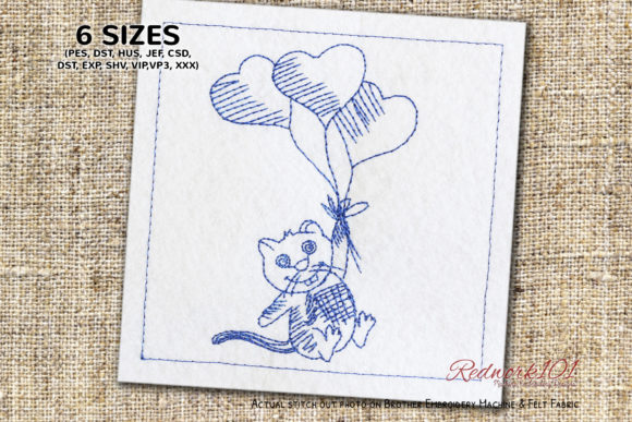 Cat with Heart Balloons Redwork Review